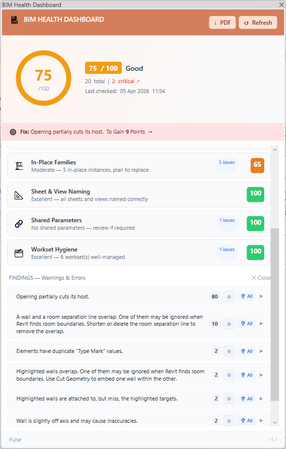 Pulse findings panel with element locate